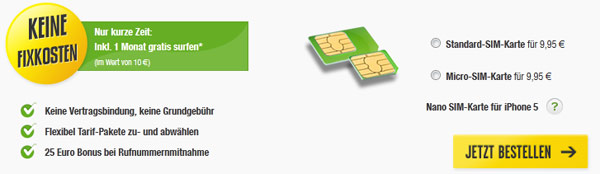 Fyve Nano SIM Bestellprozess