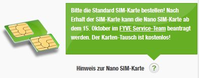 Fyve Nano SIM Karten Auswahl