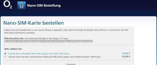 o2 Nano SIM Bestellung