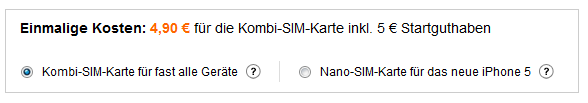 simyo Prepaid Nano Auswahlmöglichkeit
